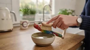 A hand wearing a watch gently scrubs a colourful, worn wooden bird swing using the small cleaning brush from image_1.png, positioned over a ceramic bowl of water.[cite: 3]