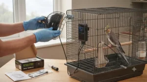 Step-by-step guide illustrating how to safely mount a ceramic heat lamp and digital thermostat on a parrot enclosure.