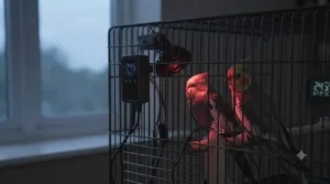 Low-glare infrared heat lamp providing gentle warmth for budgies during chilly British winter nights.