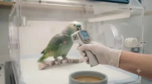 Using an infrared temperature gun to check ambient surface warmth inside an avian recovery brooder.