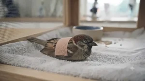 A recovering garden bird resting comfortably in a quiet, dark cardboard recovery box.