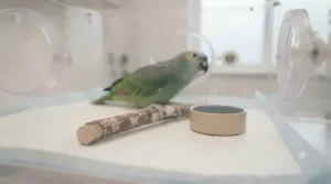 Low, wide, flat natural wood perch positioned near the floor of a parrot brooder for a weak bird.
