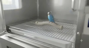 Hygiene wire mesh floor with removable faeces tray and ergonomic soft perch inside a budgie recovery cage.