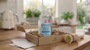 An open cardboard delivery box from 'UK Pet Supplies' nestled with shredded paper, containing the Johnson's Avian Sanitiser bottle and a cleaning brush, ready for customer use.[cite: 8]