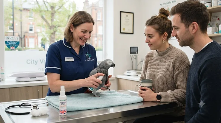 Photorealistic close-up of a UK avian vet applying safe wound healing spray to a minor toe graze on an African Grey parrot under natural daylight. wound healing spray for parrots