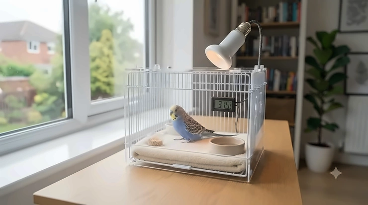 A calm, draught-free hospital cage setup with a gentle heat source for recovering pet birds. heat lamp bulb for sick budgie
