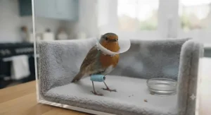 A safe, padded bird recovery cage set up for a healing garden bird wearing a vet wrap bandage.