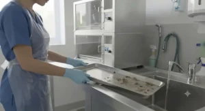 Veterinary nurse sliding out the bottom stainless steel wash tray from a multi-tier bird recovery cabinet.