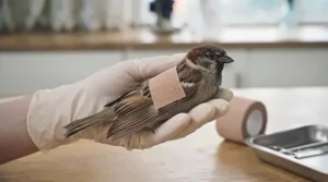 A properly fitted self-adhesive bandage supporting a bird wing injury without restricting breathing.