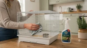 Using a budget-friendly and top rated cage cleaner under £10 to wipe down a budgie cage.[cite: 4]