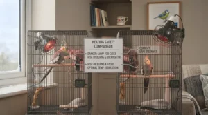 Visual comparison highlighting correct versus incorrect distances between a heat lamp and bird perches.