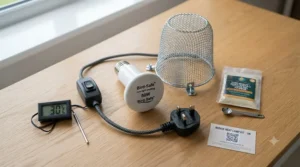 Essential components for a pet bird heating setup, including a ceramic heat bulb and wire guard.