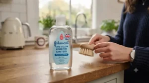 Close-up of a Johnson's 'Safe & Clean' Avian Toy Sanitiser bottle (500ml) resting on a wooden kitchen counter, clearly showing the 'Made in UK' text and Union Jack flag.[cite: 2]