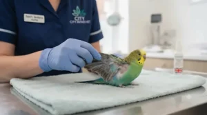 Close-up photograph showing a budgie's wing feathers gently parted to inspect skin condition during a routine health check.