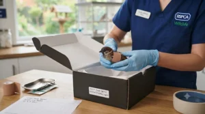 A rehabilitator preparing to transport a wounded bird to a local RSPCA or UK wildlife hospital.