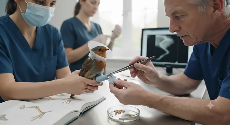 An RSPCA or local UK wildlife vet examining a bird with a secure leg bandage for professional medical follow-up. vet wrap bandage for bird leg