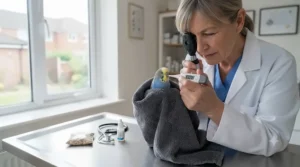 An experienced UK avian vet examining a sick budgie during a clinical consultation.