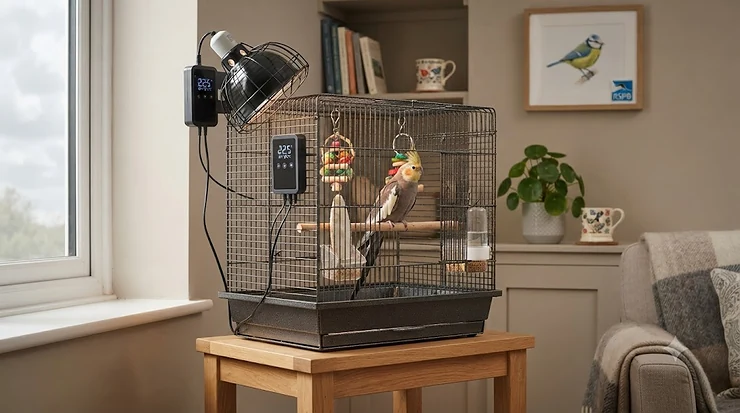 A secure thermostat-controlled heat lamp fitted over a pet bird cage in a UK home, keeping the environment warm and safe. thermostat heat lamp for bird cage