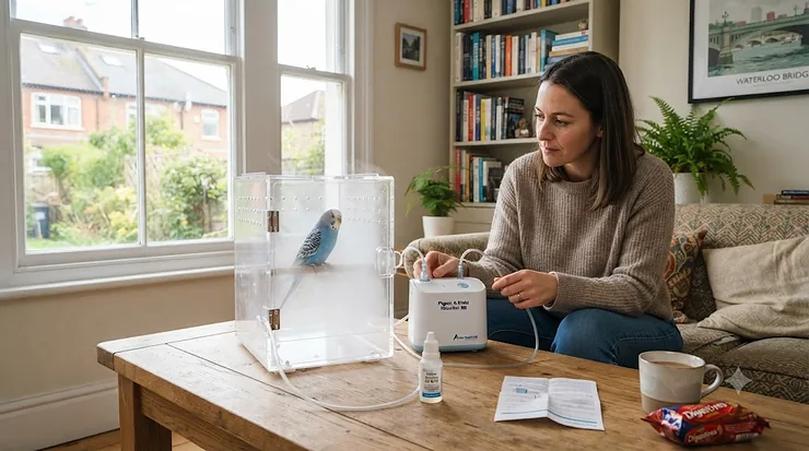 Compact ultrasonic bird nebuliser kit with small avian face mask and clear chamber, suitable for budgies and cockatiels under £50. top rated bird nebuliser kit under £50
