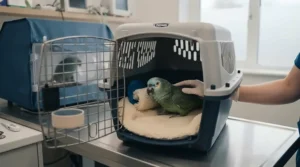 Small travel carrier prepared with a warm fleece liner for safe emergency vet transport of an unwell parrot.