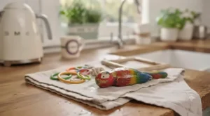A collection of cleaned bird accessories, including the wooden parrot figure, plastic rings, and a rope coil, laid out to air dry on a clean cotton tea towel.[cite: 4]