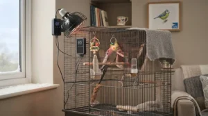A happy cockatiel staying cosy near a regulated heat lamp during cold weather in the UK.