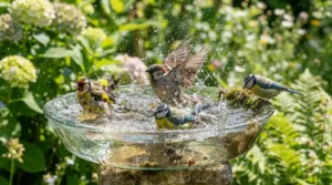 An acrylic bird bath for aviary being enjoyed by a lively flock of finches splashing together.