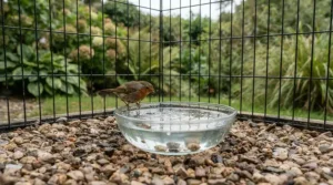 A sturdy acrylic bird bath for aviary placed on the ground of a spacious outdoor flight cage.
