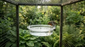 An acrylic bird bath for aviary hanging securely in a British garden enclosure, attracting small garden birds.