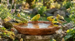 A wide acrylic bird bath for aviary accommodating several budgies sharing a refreshing splash.