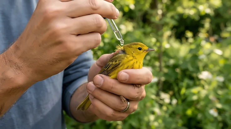 Applying air sac mite treatment for canaries carefully using a small dropper on the bird's back skin