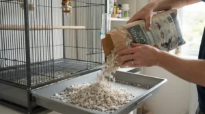 Placing dust free bedding into a cage for aspergillosis prevention for pet parrots