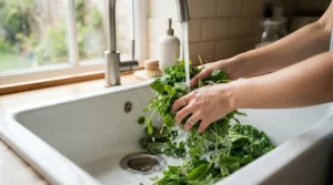 Preparing fresh greens as part of daily aspergillosis prevention for pet parrots