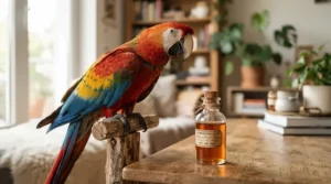 A bottle of bird bathing solution buy option placed beside a cockatiel perched on a wooden stand indoors.