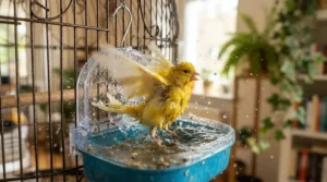 A bright yellow canary splashing water after completing a quick bird bathing solution buy.
