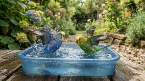 Parakeets enjoying a refreshing splash session after a successful bird bathing solution buy.
