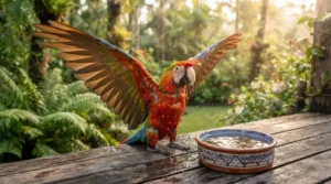 A parrot experiencing soothing care after a smart bird bathing solution buy for winter feather health.