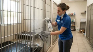 Applying a bird-safe cage disinfectant during routine cage maintenance for pet birds