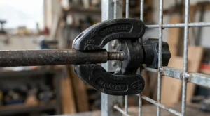 A robust cage attachment safety locking mechanism on a bath perch for budgies to ensure stability during use.