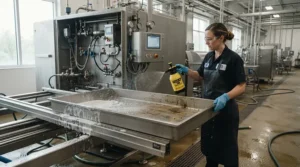 Using a deep clean spray for parrot cages on a sliding metal base tray