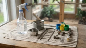 Testing a deep clean spray for parrot cages on various safe materials and coatings