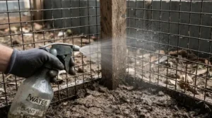 Applying a deep clean spray for parrot cages to lift stubborn grime from corners