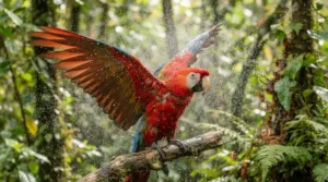 A colourful macaw reacting positively to a fine mist sprayer for parrots during feather care