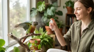 Feather hydration session with a fine mist sprayer for parrots in a bright conservatory setting
