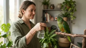 Using a fine mist sprayer for parrots during a gentle morning bath routine in a living room