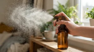 Close-up of the manual misting technique using a fine mist sprayer for parrots over foliage