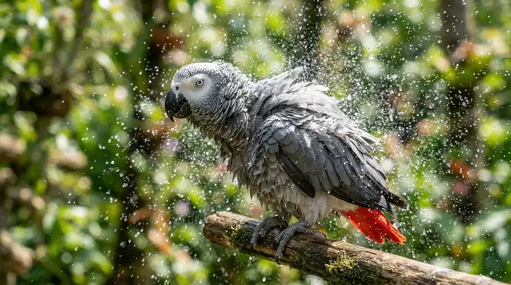 A grey parrot enjoying preening stimulation after being sprayed with a fine mist sprayer for parrots