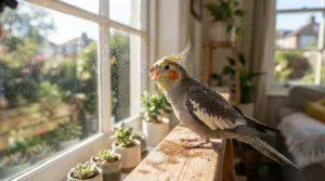Using a fine mist sprayer for parrots to cool down a pet bird during warm summer weather