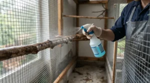 Applying a wooden perch cleaning spray with a perch cleaner for parrots in a bright aviary