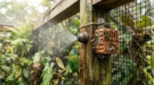 A small bird bath perch for budgies integrated into an outdoor-facing aviary flight corner for natural grooming.